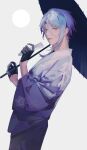  1boy bangs black_gloves blue_eyes blue_hair genshin_impact gloves gradient_hair hair_between_eyes hand_fan highres holding holding_fan holding_umbrella japanese_clothes kamisato_ayato long_hair long_sleeves male_focus mole mole_under_mouth moon multicolored_hair pink_hair purple_hair red_hair simple_background solo to_e umbrella white_background 