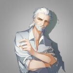  1boy absurdres alternate_costume beard bingdongluofeiyu collared_shirt facial_hair geralt_of_rivia grey_background highres male_focus medium_hair mustache old old_man older partially_unbuttoned scar scar_across_eye shirt the_witcher_(series) the_witcher_3 unfinished upper_body white_hair wrinkled_skin yellow_eyes 