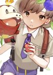  1boy absurdres bangs berry_(pokemon) brown_eyes brown_hair closed_mouth collared_shirt commentary_request fingernails frown fuecoco highres hiiragi_hizasi holding holding_poke_ball leaf looking_at_viewer male_focus male_protagonist_(pokemon_sv) necktie poke_ball poke_ball_(basic) pokemon pokemon_(game) pokemon_sv purple_necktie purple_shorts shirt short_sleeves shorts strap 