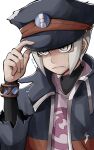  1boy black_coat black_headwear black_shirt bracelet closed_mouth coat commentary_request facial_hair frown grey_eyes grey_hair hand_on_headwear hat high_collar highres ingo_(pokemon) jewelry male_focus pearl_clan_outfit pokemon pokemon_(game) pokemon_legends:_arceus roche_ika shirt short_hair sideburns simple_background solo torn_clothes torn_coat upper_body white_background 