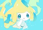  :o blue_background blue_eyes blush colored_skin commentary_request flying hand_up highres jirachi open_mouth pokemon shiramizore_(rate1026) simple_background tongue white_skin 