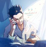  1boy ^_^ black_hair book calling closed_eyes curtains glasses happy_birthday highres hunter_x_hunter leorio_paladiknight male_focus phone smile solo studying thicopoyo 