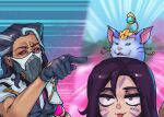  2girls :p animal black_gloves black_hair black_sclera black_vest capelet cat colored_sclera emphasis_lines facial_mark gloves green_background grey_hair kai&#039;sa league_of_legends long_hair mask meme mouth_mask multicolored_hair multiple_girls necktie open_mouth phantom_ix_row pink_background pink_eyes pink_shirt renata_(league_of_legends) shiny shiny_hair shirt tongue tongue_out two-tone_hair vest woman_yelling_at_cat_(meme) yuumi_(league_of_legends) 