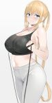  1girl absurdres bangs bare_shoulders black_shirt blend_s blonde_hair blue_eyes blush breasts closed_mouth covered_nipples crop_top exercise highres hinata_kaho huge_breasts long_hair looking_at_viewer midriff navel pants shirt simple_background solo sweat twintails very_long_hair white_background white_pants 