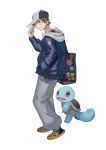  1boy absurdres alternate_costume bag black_legwear brown_hair closed_mouth commentary_request crocs full_body grey_pants hand_on_headwear hand_up hat highres hood hooded_jacket jacket male_focus pants pokemon pokemon_(creature) pokemon_(game) pokemon_rgby red_(pokemon) short_hair simple_background socks spiked_hair squirtle standing white_background yasaikakiage 