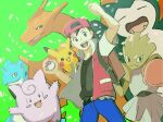  1boy :d arm_up backpack backwards_hat bag bangs baseball_cap belt belt_buckle black_belt blue_pants brown_bag buckle charizard clefairy clenched_hand commentary_request hat highres hitmonchan holding holding_poke_ball jacket lapras male_focus open_mouth pants pikachu poke_ball poke_ball_(basic) pokemon pokemon_(game) pokemon_rgby red_(pokemon) ryu_gamori shirt short_sleeves smile snorlax teeth tongue 