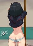  1girl ass backboob black_hair breasts butt_crack clothes_lift commentary_request cowboy_shot from_behind green_panties highres indoors kill_la_kill leafsanty matoi_ryuuko medium_hair meme multicolored_hair no_pants panties red_hair ryuko_redraw_(meme) school_uniform serafuku shiny shiny_skin skindentation small_breasts solo streaked_hair striped striped_panties thighs underwear undressing white_panties 