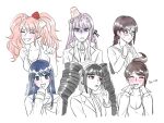  asahina_aoi bangs black_hair blue_hair blunt_bangs braid breasts brown_hair bunny_hair_ornament celestia_ludenberg cleavage collarbone collared_shirt cosplay cropped_torso danganronpa:_trigger_happy_havoc danganronpa_(series) drill_hair enoshima_junko enoshima_junko_(cosplay) food food_on_head freckles fukawa_touko glasses grey_background grin hair_ornament hairclip hand_up highres ikusaba_mukuro jacket kirigiri_kyouko long_hair long_sleeves maizono_sayaka medium_breasts necktie object_on_head pink_eyes red_eyes riku_(liku202201) sailor_collar shiny shiny_hair shirt simple_background smile teeth twin_braids twin_drills twintails v 