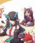  &quot;smarty&quot;_(arknights) 1girl :d animal_ears arknights arm_tattoo bitey_(arknights) black_collar black_hair blush breasts chibi collar colored_skin dog_ears dog_girl dog_tail dragon dragon_horns dress dusk_(arknights) ear_piercing eyebrows_visible_through_hair facial_mark flying_sweatdrops forehead_mark green_hair green_skin hair_over_one_eye hand_up head_rest holding holding_paintbrush horns large_breasts long_hair long_sleeves multicolored_hair necktie open_mouth paintbrush painting pants petting piercing pointy_ears purple_eyes purple_pants purple_shirt red_eyes red_necktie saga_(arknights) seiza shirt sitting sleeveless sleeveless_dress smile solo sparkle squiggle streaked_hair tail tattoo unamused very_long_hair white_dress wide_sleeves yodo_rado 