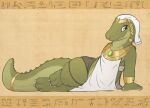  2022 absurd_res alligator alligatorid anthro clothed clothing crocodilian digital_media_(artwork) fully_clothed green_body hi_res hieroglyphics looking_at_viewer louart reptile scalie smile solo 