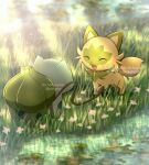  :d bulbasaur closed_eyes commentary_request fangs flower fuyu_(utngrtn) grass highres light_rays no_humans open_mouth plant pokemon pokemon_(creature) smile sprigatito standing tongue vines water watermark 