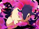  animal_focus black_background closed_mouth commentary_request fire hand_up highres hisuian_typhlosion kura_(shironagasu02) legs_apart looking_at_viewer no_humans pink_fire pokemon pokemon_(creature) red_eyes smile solo watermark 