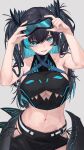  1girl asymmetrical_clothes bangs black_hair blue_hair blue_nails breasts clothes_writing eyewear_removed grey_background hair_between_eyes haiz_(vtuber) highres hip_vent horns large_breasts long_hair looking_at_viewer midriff monstar_(company) multicolored_hair nail_polish navel sharp_teeth simple_background solo streaked_hair teeth underboob virtual_youtuber whitem_(whiteemperor2020) 