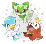  :d ;d blue_eyes bright_pupils commentary_request fuecoco happy kuo looking_up no_humans one_eye_closed open_mouth pokemon pokemon_(creature) quaxly red_eyes smile sprigatito star_(symbol) starter_pokemon_trio tongue white_pupils 