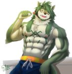  abs anthro beard bottomwear candy canid canine canis chest_tattoo clothing dessert eyewear facial_hair fangs food fuchikobaku fur glasses green_body green_fur hi_res horn lollipop male mammal muscular pants solo tattoo white_body white_fur wolf yellow_eyes 