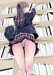  black_legwear bookshelf brown_hair from_below highres kneepits kobayashi_chisato loafers long_hair original panties school_uniform shoes skirt sweater tagme underwear white_panties 