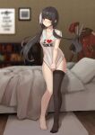  1girl absurdres bed black_hair black_legwear blurry blurry_background blush breasts clothes_writing full_body girls&#039;_frontline heart heterochromia highres indoors jewelry large_breasts long_hair low_twintails mausratten multicolored_hair no_pants no_shoes red_eyes ring ro635_(girls&#039;_frontline) shirt short_sleeves single_thighhigh solo standing streaked_hair thighhighs twintails wedding_band white_hair white_shirt yellow_eyes 