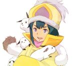  1girl ana_medaiyu animal coat fur_trim gloves green_hair hat kei-co looking_at_viewer open_mouth overman_king_gainer purple_eyes short_hair simple_background smile solo white_background 
