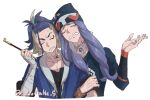  2boys adaman_(pokemon) arm_wrap blue_coat blue_hair closed_eyes coat collar collarbone commentary_request green_hair hand_up holding hood hood_up hooded_jacket jacket locked_arms long_hair long_sleeves male_focus melli_(pokemon) multicolored_hair multiple_boys pokemon pokemon_(game) pokemon_legends:_arceus purple_hair raised_eyebrows satomune_s simple_background twitter_username upper_body watermark white_background 