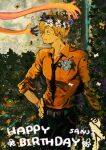  1boy flower from_side happy_birthday head_wreath highres indoors makenevemoiine male_focus necktie one_piece painting_(medium) sanji smile smoking solo traditional_media 