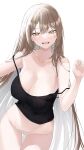  1girl absurdres bangs bare_shoulders black_halter_top breasts brown_eyes brown_hair chungu cleavage highres large_breasts long_hair mole mole_on_breast open_mouth original panties solo swept_bangs underwear white_background white_panties 