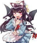  1girl animal_ear_fluff animal_ears bangs blue_dress blue_neckwear blunt_bangs blush character_request collar copyright_request double_v dress eyebrows_visible_through_hair fangs fish_hair_ornament fukumaaya hair_ornament hairclip hat heart heart-shaped_pupils long_hair long_sleeves looking_at_viewer open_mouth pink_eyes purple_hair simple_background solo symbol-shaped_pupils tail teeth tongue tongue_out upper_body v white_background wings 