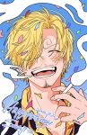  1boy ^_^ ^o^ blonde_hair cigarette closed_eyes confetti facial_hair hair_over_one_eye happy_birthday highres holding holding_cigarette male_focus one_piece ponko517 sanji smoke solo 