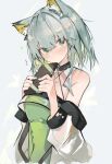  1girl animal_ear_fluff animal_ears arknights blush box breasts cat_ears closed_mouth coat commentary dress eyebrows_visible_through_hair gift gift_box green_dress green_eyes grey_background hair_between_eyes heart highres holding holding_box holding_gift kal&#039;tsit_(arknights) light_green_hair looking_at_viewer medium_breasts medium_hair mikojin off_shoulder open_clothes open_coat see-through see-through_sleeves simple_background sleeveless sleeveless_dress solo sweatdrop upper_body white_coat 