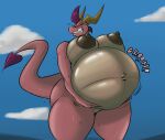  2020 activision anthro belly big_belly big_breasts bodily_fluids breasts clenched_teeth cloud dragon ember_(spyro) eyes_closed female hand_on_stomach holding_belly horn lifting_belly nipples nude obese obese_anthro obese_female outside overweight overweight_anthro overweight_female raised_tail scalie shinysteel sky solo spyro_the_dragon standing sweat teeth video_games western_dragon 
