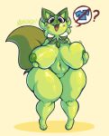  2022 anthro anthrofied areola big_breasts breasts colored curvy_figure digital_media_(artwork) facial_markings felid feline female full-length_portrait fur genitals green_areola green_body green_fur green_nipples hand_on_breast head_markings hi_res huge_breasts huge_hips huge_thighs inverted_nipples konaise looking_down mammal markings mask_(marking) nintendo nipples nude open_mouth pok&eacute;mon pok&eacute;mon_(species) pok&eacute;morph portrait puffy_areola pussy red_eyes shaded simple_background solo sprigatito thick_thighs video_games voluptuous wide_hips 