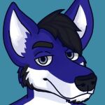  anthro black_body black_fur blue_body blue_eyes blue_fur canid canine canis eyebrows fur headshot_portrait lewd_latte looking_at_viewer low_res male mammal portrait raised_eyebrow raised_eyebrows smile smirk solo white_body white_fur wolf 