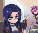  2girls bangs blue_eyes blue_hair box breasts brown_gloves caitlyn_(league_of_legends) character_name cleavage gloves goggles goggles_on_head hand_up holding indoors league_of_legends looking_at_another medium_breasts multiple_girls notice_lines paper phantom_ix_row pink_eyes pink_hair shiny shiny_hair short_hair short_sleeves upper_body vi_(league_of_legends) 