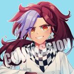  1girl bangs blue_background blue_hair buttons checkered_clothes checkered_scarf cheer_(cheerkitty14) commission cosplay danganronpa_(series) danganronpa_v3:_killing_harmony dice dice_earrings grin highres jacket long_hair looking_at_viewer multicolored_hair ouma_kokichi ouma_kokichi_(cosplay) outline ponytail red_eyes red_hair scarf shiny shiny_hair simple_background smile solo teeth two-tone_hair watermark white_jacket white_outline 