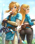  big_butt blonde_hair blue_eyes blush breasts breath_of_the_wild butt butt_pose clothed clothing day duo female fingerless_gloves flower gloves gonzarez1938 grass green_eyes hair handwear hi_res humanoid humanoid_pointy_ears hylian link looking_at_viewer looking_back male master_sword melee_weapon nintendo not_furry plant pose princess_zelda sheikah_slate smile sword the_legend_of_zelda video_games weapon 