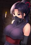  1girl bare_shoulders black_hair breasts candle choker covered_mouth elbow_gloves gloves huyumitsu large_breasts ninja original ponytail purple_eyes scowl sleeveless solo 