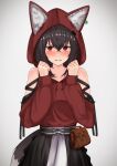  1girl absurdres animal_ears bangs bare_shoulders belt belt_pouch black_hair black_skirt blush braid clenched_hands commentary_request eyebrows_visible_through_hair fox_ears fox_girl fox_tail hair_between_eyes highres hololive hood hoodie kurokami_fubuki looking_at_viewer micon pouch red_eyes red_hoodie sidelocks simple_background single_braid skirt solo tail virtual_youtuber wavy_mouth white_background 