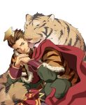  1boy animal animal_ears animal_print beard blue_eyes brown_hair cape chinese_clothes chinese_hat closed_eyes facial_hair indian_style itto_(mentaiko) licking looking_at_another mian_guan own_hands_together robe sangokushi_puzzle_taisen sitting smile sun_quan sun_quan_(sangokushi_taisen) tiger tiger_ears tiger_print white_background 
