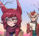  1boy 1girl alternate_costume autumn bare_tree bespectacled blonde_hair brown_jacket glasses green_shirt holding holding_paper jacket league_of_legends long_hair open_clothes open_jacket outdoors pants paper phantom_ix_row rakan_(league_of_legends) red_hair red_scarf round_eyewear scarf shirt shirt_half_tucked_in sweatdrop tree xayah 