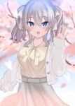  1girl :d absurdres alternate_costume beige_blouse blue_eyes casual cherry_blossoms eyebrows_visible_through_hair fang grey_skirt hair_ribbon highres jacket kantai_collection kashima_(kancolle) looking_at_viewer ribbon silver_hair skirt sleeves_past_wrists smile solo twintails wavy_hair white_jacket white_ribbon yoshino_(mfmfpng) 