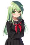  1girl absurdres bangs black_shirt black_skirt blush breasts closed_mouth collarbone commentary_request eyebrows_visible_through_hair eyes_visible_through_hair frog_hair_ornament green_eyes green_hair hair_between_eyes hair_ornament highres kochiya_sanae long_hair long_sleeves looking_at_viewer medium_breasts red_ribbon ribbon sailor_collar school_uniform serafuku shinonome_asu shirt simple_background skirt smile solo standing touhou white_background 