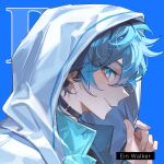  1boy black_choker blue_background blue_eyes blue_hair blue_theme character_name chinese_commentary choker closed_mouth from_side hood hood_up hooded_jacket jacket looking_at_viewer male_focus original short_hair simple_background smole solo white_jacket yusa_(yusa0751) 