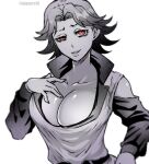  1girl breasts cleavage genderswap genderswap_(mtf) hand_on_own_chest jojo_no_kimyou_na_bouken large_breasts red_eyes smirk solo spot_color stardust_crusaders steely_dan tanakaoften v-neck 