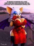  anthro arm_under_breasts big_breasts breasts chiropteran cleavage clothed clothing dialogue ear_piercing ear_ring english_text female gloves handwear hi_res legwear looking_at_viewer mammal piercing rouge_the_bat sega slit_dress solo sonic_the_hedgehog_(series) stockings tahlian text wide_hips wings 