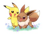  :3 animal_focus blue_flower blush_stickers brown_eyes commentary_request eevee flower full_body grass happy looking_at_viewer no_humans one_eye_closed open_mouth outdoors pikachu pokemon pokemon_(creature) purple_eyes purple_flower simple_background smile suzumusi114 white_background 