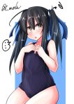  1girl absurdres alternate_costume alternate_hairstyle black_hair blue_background blue_headband blue_swimsuit covered_navel eyebrows_visible_through_hair flat_chest hair_between_eyes hatsushimo_(kancolle) hatsushimo_kai_ni_(kancolle) headband highres kantai_collection long_hair old_school_swimsuit one-piece_swimsuit open_mouth school_swimsuit sitting solo speech_bubble sweatdrop swimsuit t_(dyuhuhudyukusi) twintails white_background yellow_eyes 