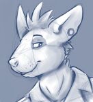 anthro bucklebunny clothing ears_back eyebrows fangs flesh_tunnel front_view guide_lines hair headshot_portrait male monochrome neck_tuft pivoted_ears portrait raised_eyebrow short_hair smile solo topwear tuft 