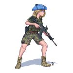  1girl absurdres blonde_hair blue_eyes boots camouflage camouflage_jacket camouflage_shorts closed_mouth commission finland hat highres jacket long_hair military military_hat military_uniform military_vehicle original ostwindprojekt rk62 shadow short_sleeves shorts simple_background sleeves_rolled_up solo trigger_discipline uniform white_background 