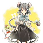  2girls adapted_costume animal_ears bangs basket black_hair black_skirt blonde_hair closed_eyes commentary_request cowboy_shot grey_hair hair_ornament hairclip holding jewelry long_sleeves mouse mouse_ears mouse_tail multicolored_hair multiple_girls nazrin pendant red_eyes ryuuta_(akatukiryoka) shirt short_hair short_sleeves skirt skirt_hold smile sparkle streaked_hair tail toramaru_shou touhou twitter_username two-tone_hair white_background white_shirt yellow_background 