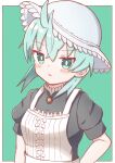  1girl apron aqua_hair bangs black_shirt blue_headwear blush commentary_request eyebrows_visible_through_hair frilled_apron frills green_background green_eyes hair_between_eyes hat highres kemono_friends looking_at_viewer parted_lips puffy_short_sleeves puffy_sleeves shirt short_sleeves solo sunanuko_(ramuneko) tsuchinoko_(kemono_friends) two-tone_background upper_body white_apron white_background 