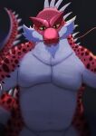  2022 anthro beard biped facial_hair hi_res iguanid inugamihito itzamna kemono lifewonders lizard male mature_male musclegut navel red_body reptile scalie scar simple_background solo tokyo_afterschool_summoners video_games white_body 